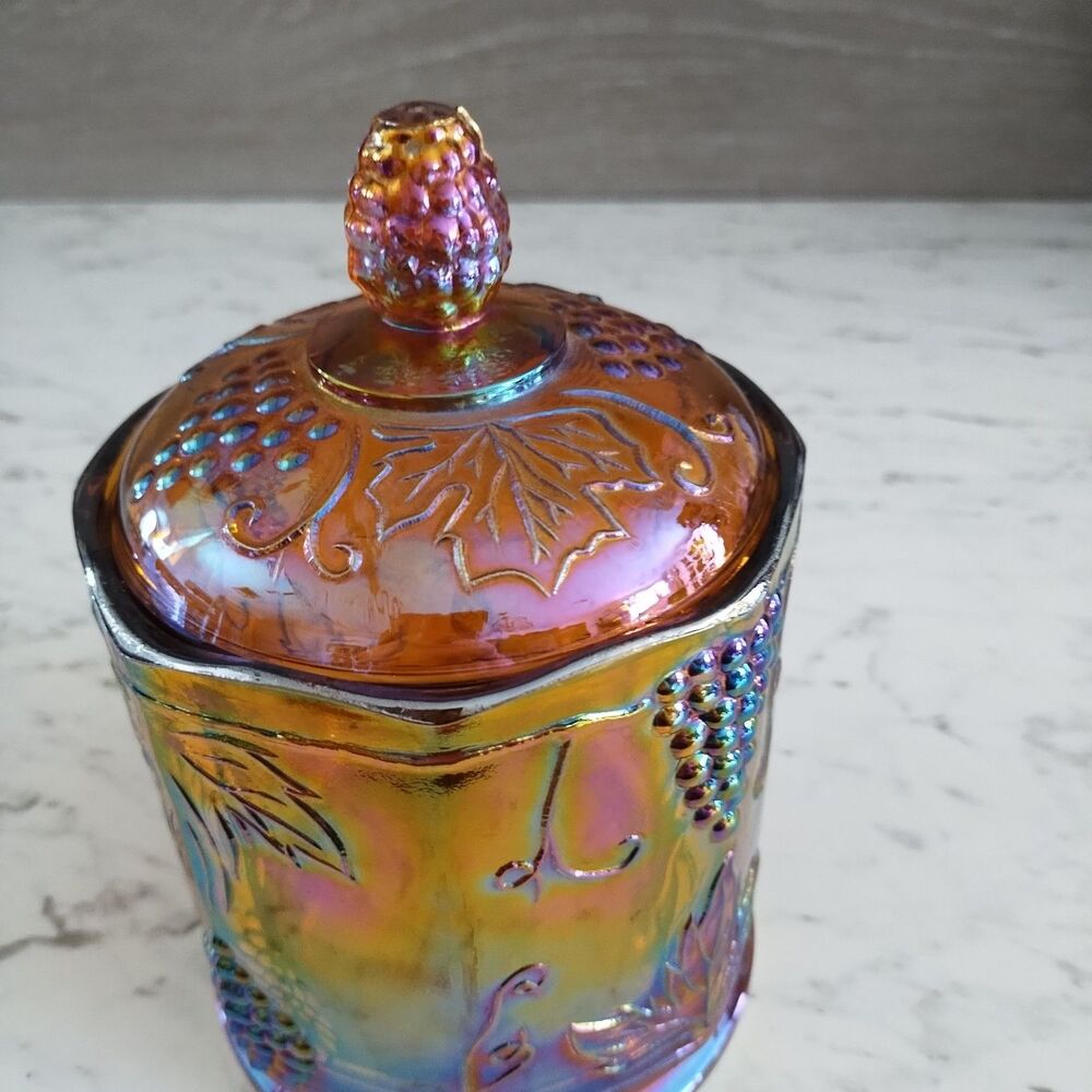 Vintage Indiana Glass Iridescent Marigold Carnival Harvest Grape Biscuit  Jar - Picture 12 of 12